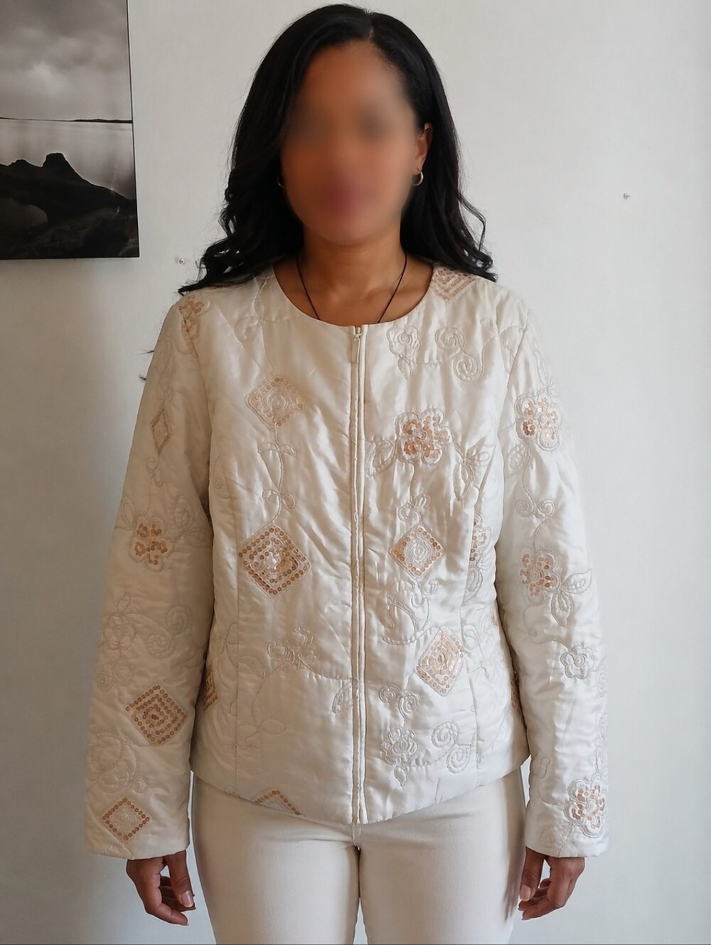 Ruby Rd. Ivory Quilted Sequin Embroidered Zip Front Jacket Size 14